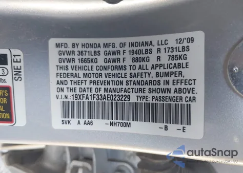 2010 Honda Civic Vp from USA, damaged, VIN 19XFA1F33AE023229